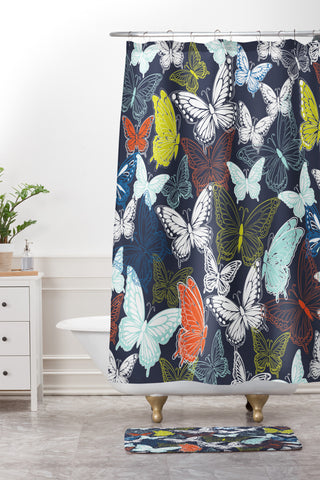 Vy La Butterfly Sky Navy Shower Curtain And Mat