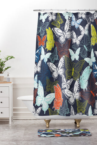 Vy La Butterfly Sky Navy Shower Curtain And Mat