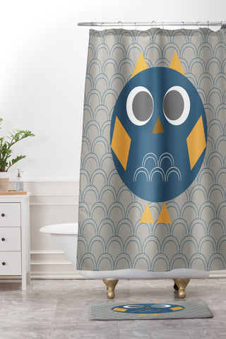 Vy La Geo Owl Solo Blue Shower Curtain And Mat