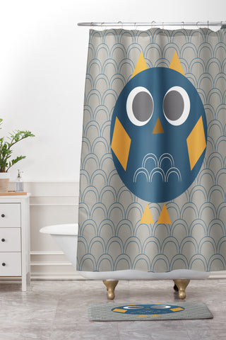 Vy La Geo Owl Solo Blue Shower Curtain And Mat
