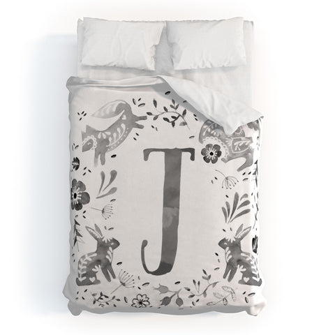 Wonder Forest Folky Forest Monogram Letter J Duvet Cover