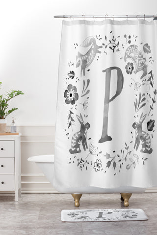 Wonder Forest Folky Forest Monogram Letter P Shower Curtain And Mat