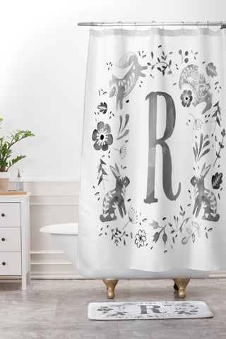 Wonder Forest Folky Forest Monogram Letter R Shower Curtain And Mat