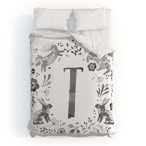 Wonder Forest Folky Forest Monogram Letter T Duvet Cover
