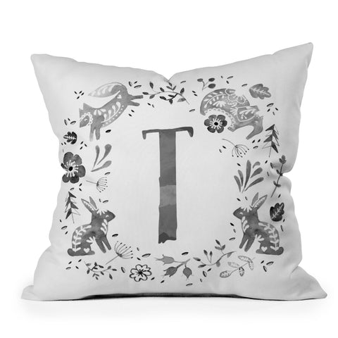 Wonder Forest Folky Forest Monogram Letter T Throw Pillow