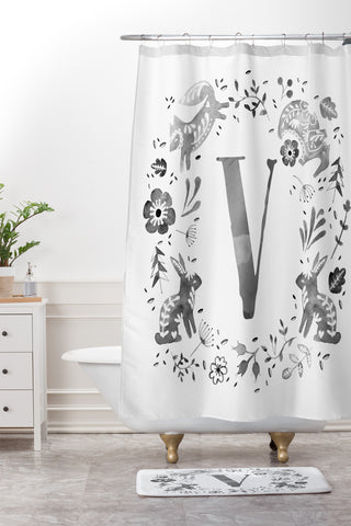 Wonder Forest Folky Forest Monogram Letter V Shower Curtain And Mat