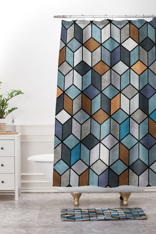 Zoltan Ratko Colorful Concrete Cubes Blue Shower Curtain And Mat