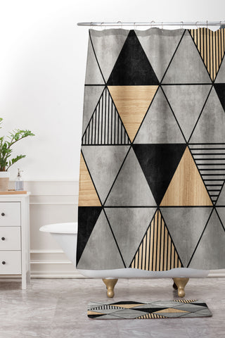 Zoltan Ratko Concrete and Wood Triangles 2 Shower Curtain And Mat