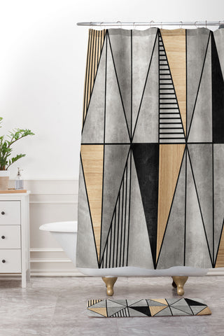 Zoltan Ratko Concrete and Wood Triangles Shower Curtain And Mat