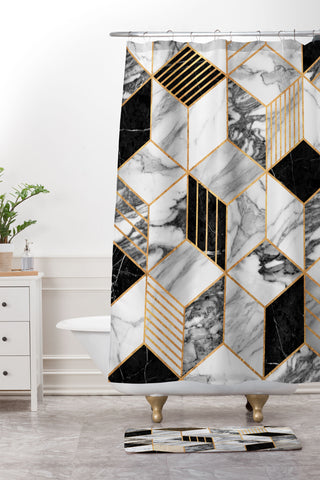 Zoltan Ratko Marble Cubes 2 Black and White Shower Curtain And Mat